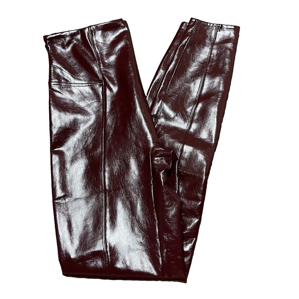 SPANX Faux Patent Leather Leggings Large L Ruby Wine Liquid Gloss Shiny Shaping